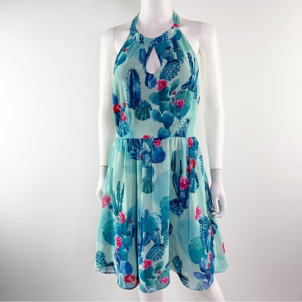 Modcloth Women's Sz L BLOGGER THE BETTER Floral Cactus Halter Dress Green/Pink - Picture 2 of 10